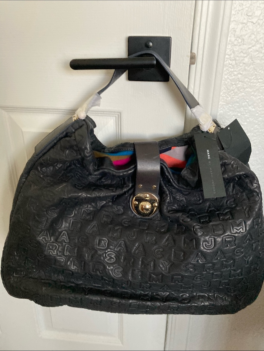 Marc Jacobs Black Embossed Leather Shoulder Bag with Gold-Tone Closure